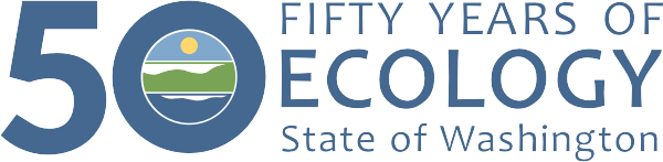 Graphic that states, Fifty years of Ecology, State of Washington. Ecology land, air, water theme fills the zero of a large fifty.